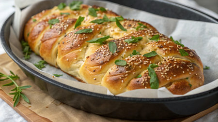 Baked sweet bread with sesame seeds and herbs on a baking sheetの素材