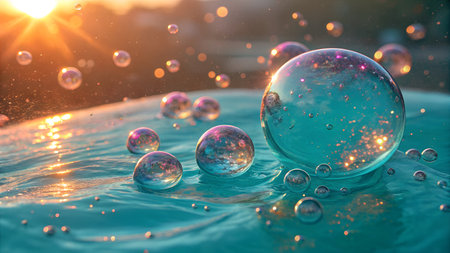 Soap bubbles on water surface with sunlight and bokeh.の素材