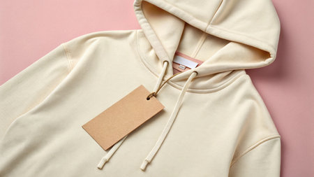Blank price tag and beige hoodie on pink background, top viewの素材