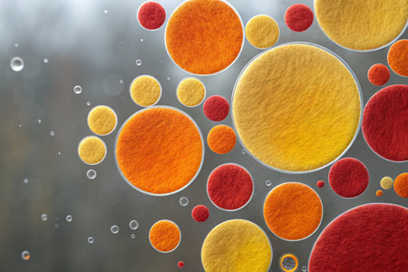 abstract background with yellow and red circles in water drops on window glassの素材