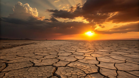 Dry land in the desert at sunset. Global warming concept.の素材