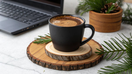 Coffee cup and laptop on a wooden stand on a white backgroundの素材