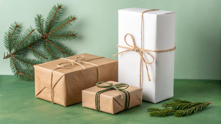 Gift boxes wrapped in craft paper and tied with twine on green backgroundの素材