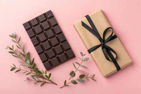 Gift box wrapped in brown craft paper with black ribbon, eucalyptus branch and chocolate bar on pink background. Flat lay, top view.の素材