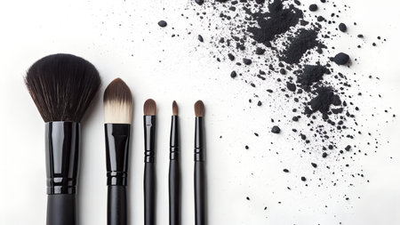 Makeup brushes and powder on a white background. Top view.の素材