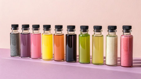 Colorful cosmetic bottles on pastel pink background. Beauty and body care concept.の素材