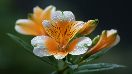 Delicate orange Alstroemeria flowers sprinkled with fresh water droplets, a close-upの素材
