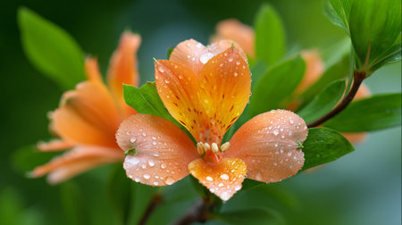 Delicate orange alstroemeria flower covered in water droplets against a soft green backdrop.の素材