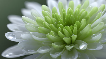 Exquisite White Chrysanthemum Blossom with Water Droplets in a Macro Viewの素材