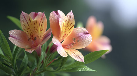 Dew Kissed Alstroemeria Flowers: A Beautiful Floral Display in Soft Lightの素材