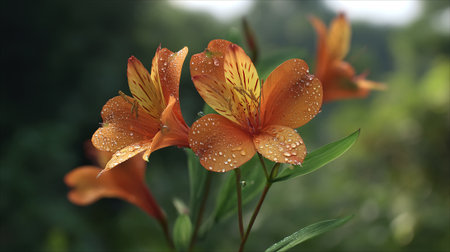 Orange Alstroemeria Flowers with Water Droplets in a Lush Green Gardenの素材