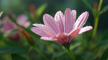 Dew-Kissed Daisy: A Delicate Pink Flower with Gentle Water Dropletsの素材