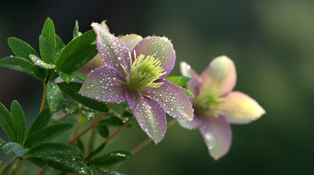 Dew-Kissed Hellebore Flowers Glowing Softly in a Green, Serene Gardenの素材