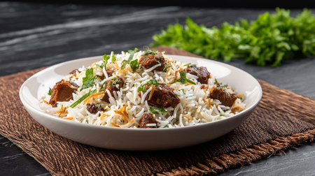 Delicious Beef Biryani Served on Stylish Rustic Table Setting Displayの素材