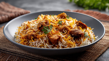 Delectable chicken biryani served in an elegant bowl, ready to savorの素材