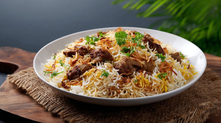 Delicious mutton biryani in a white bowl close-up presentation styleの素材