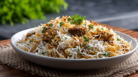 Delectable Chicken Biryani Dish Garnished with Fried Onions and Parsley Sprigsの素材