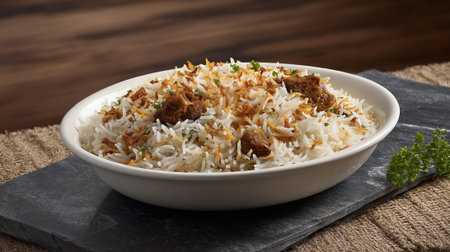 Delicious biryani rice bowl served on black slate mat backgroundの素材