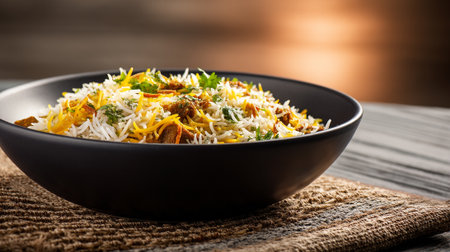 Delicious chicken biryani served in a black bowl presentationの素材