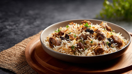 Delicious chicken biryani in bowl on wooden plate for fine diningの素材