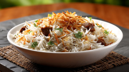 Delectable Biryani Dish Garnished with Fried Onions and Cilantro Sprigsの素材