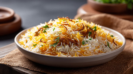 Delicious chicken biryani served elegantly in a bowl ready to eatの素材