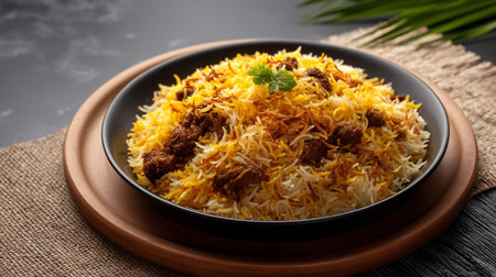 Delicious beef biryani in black bowl sitting on wooden trayの素材