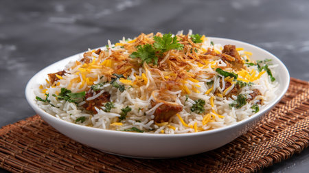 Delectable chicken biryani served in an elegant white bowl for dinner.の素材