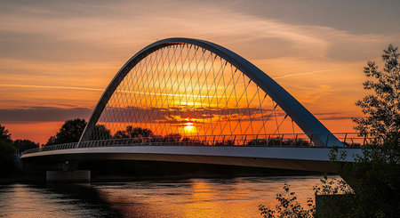 Modern Bridge Silhouetted by a Fiery Sunset Over Still Watersの素材