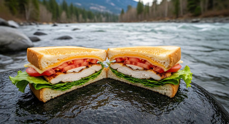A grilled chicken sandwich cut in half, displaying vibrant lettuce, tomatoes, and cheese, is showcased against a blurred river landscape.の素材