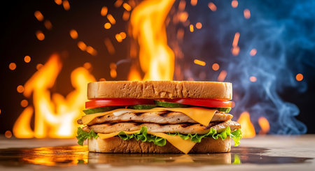 This image showcases a mouthwatering grilled chicken sandwich piled high with lettuce, tomato, cucumber, and cheese. Flames erupt behind it, adding visual drama.の素材