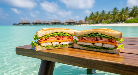 Two freshly made chicken sandwiches, filled with lettuce, tomato, and cheese, sit on a wooden table with turquoise water and island scenery backdrop.の素材