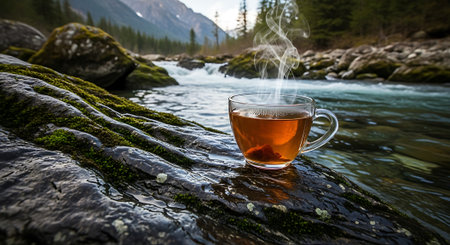 A close-up of a steaming tea cup placed on a mossy rock near a flowing river in a natural setting. The water flows swiftly.の素材