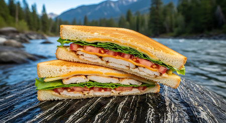 Close-up of a delicious stacked sandwich with chicken, lettuce, cheese and tomato on a stone, with river and mountain landscape.の素材