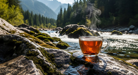 A clear glass teacup with steaming tea sits on a mossy rock, with a vibrant river and mountain scenery behind it.の素材
