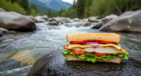 A delicious grilled chicken sandwich with fresh toppings sits on a rock by a flowing river in a scenic outdoor setting.の素材