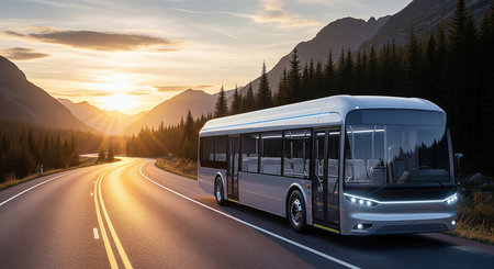 Modern Bus Glides Through Scenic Mountain Road at Sunsetの素材