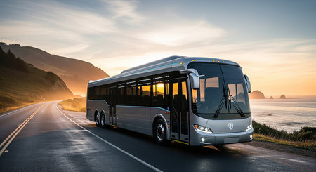 Scenic Silver Bus Drives Along Coastal Highway at Sunsetの素材