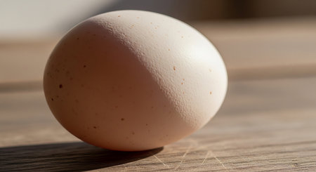 Single Spotted Egg on Wooden Surface Bathed in Sunlightの素材