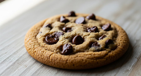 Decadent chocolate chip cookie on a rustic wood surface.の素材
