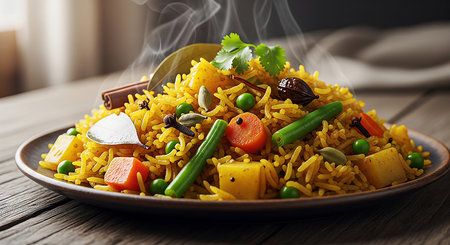 Steaming Biryani with Vegetables and Spices on Rustic Wooden Tableの素材