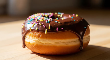 Delicious Chocolate Donut with Sprinkles on a Wooden Surfaceの素材