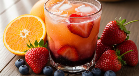 Refreshing strawberry orange cocktail with ice on a rustic wooden surfaceの素材