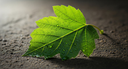 Dew-kissed Green Leaf Exhibiting Veins on Earthy Backgroundの素材