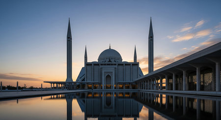 Majestic Faisal Mosque at Dawn: Serene Reflections and Architectural Grandeurの素材