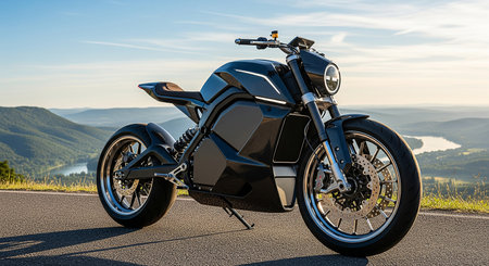 Sleek, Modern Motorcycle Parked on Scenic Road with a Mountain View.の素材