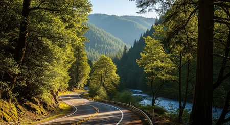 Serpentine Road Through Lush Forest with Mountains in Backgroundの素材