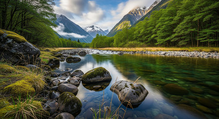 Tranquil Mountain River Scene with Mossy Rocks and Forestの素材