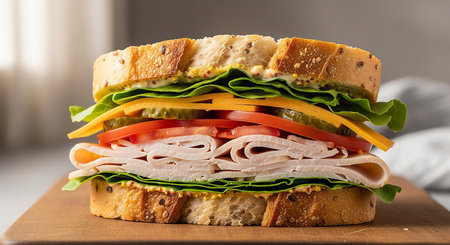 Delicious Turkey Sandwich with Fresh Ingredients on Wooden Boardの素材