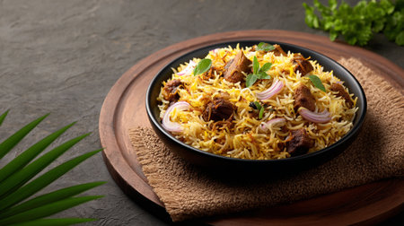 Delicious mutton biryani presentation with fresh herbs and onionsの素材